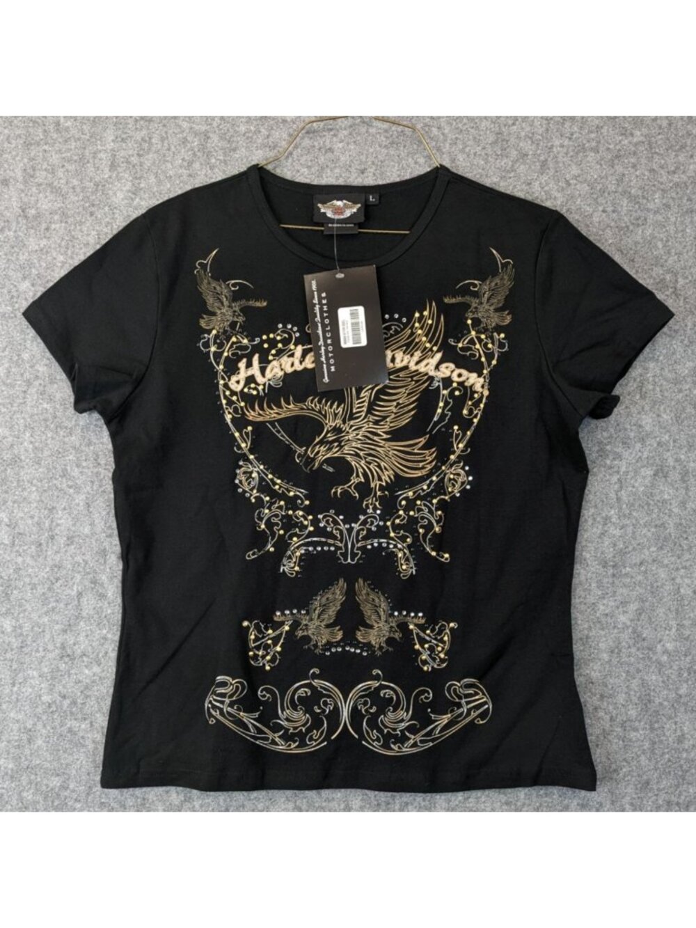 Harley Davidson Metallic Eagle Graphic Womens Tee Shirt Black Gold Embellished L